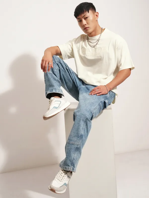 Highlander Men Off White Self Design Round Neck T-Shirt