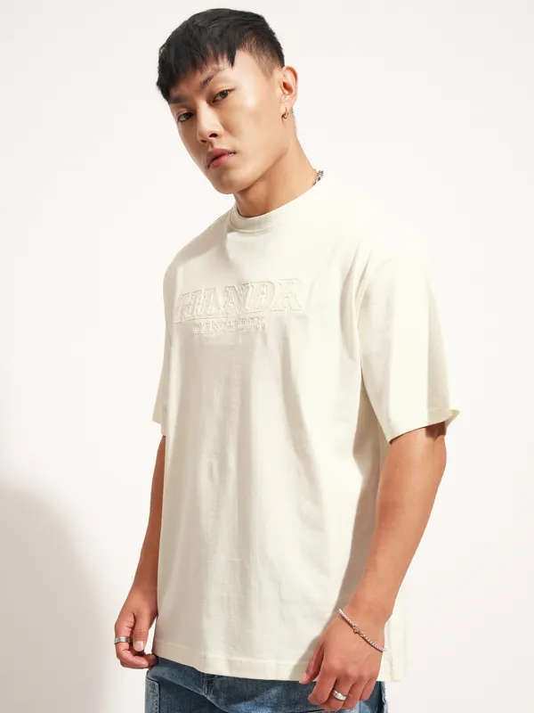 Highlander Men Off White Self Design Round Neck T-Shirt