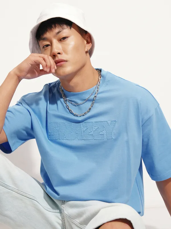 Highlander Men Blue Self Design Round Neck Oversized Fit T-Shirt