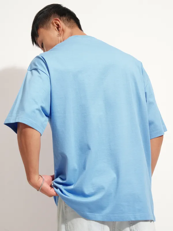 Highlander Men Blue Self Design Round Neck Oversized Fit T-Shirt