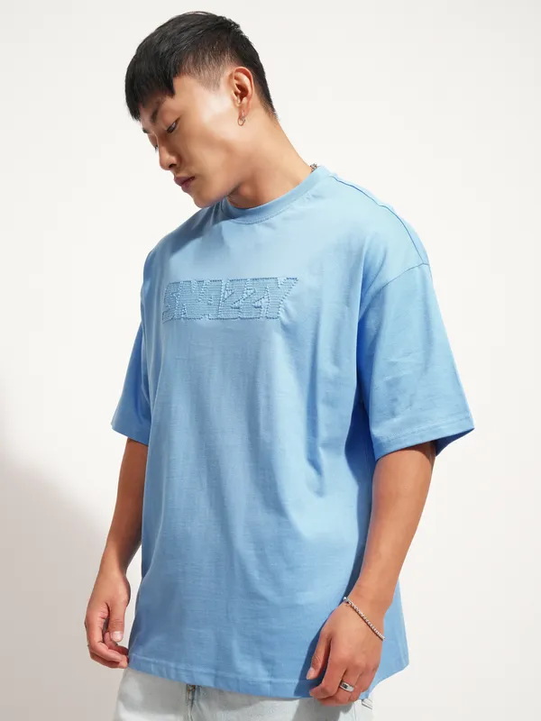 Highlander Men Blue Self Design Round Neck Oversized Fit T-Shirt