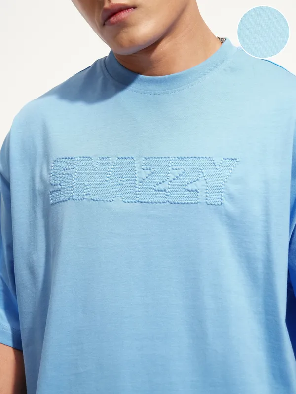 Highlander Men Blue Self Design Round Neck Oversized Fit T-Shirt