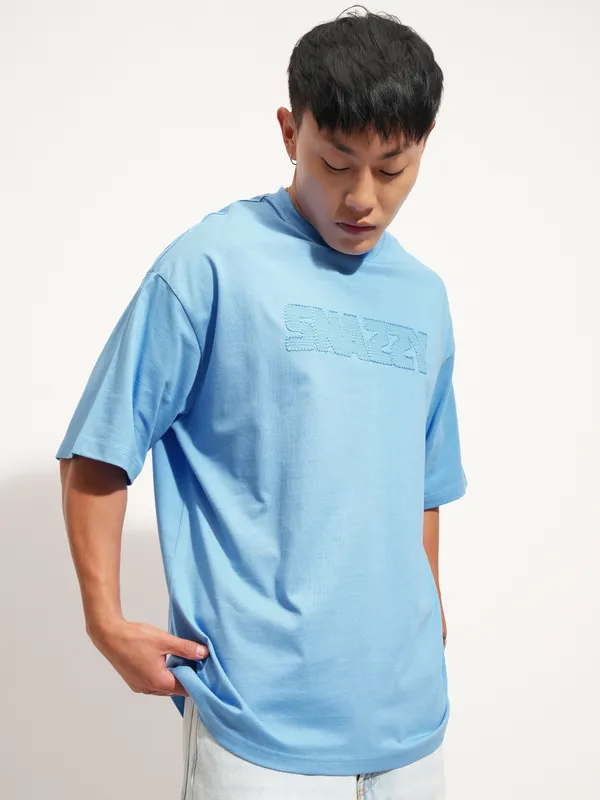 Highlander Men Blue Self Design Round Neck Oversized Fit T-Shirt