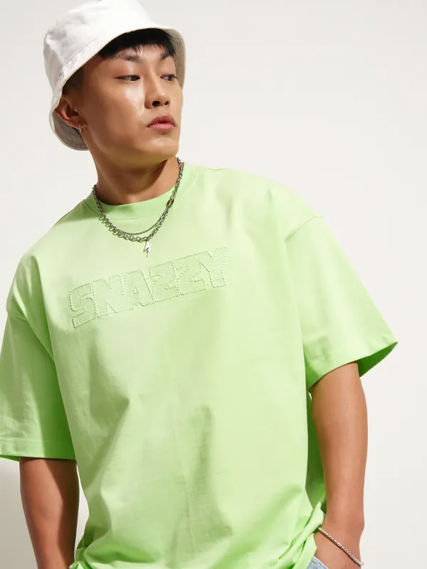 Highlander Men Green Self Design Round Neck Oversized Fit T-Shirt