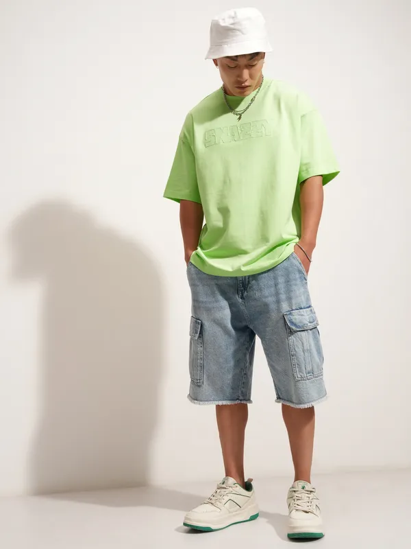 Highlander Men Green Self Design Round Neck Oversized Fit T-Shirt