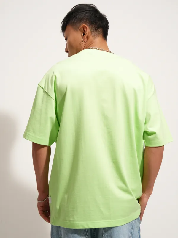 Highlander Men Green Self Design Round Neck Oversized Fit T-Shirt