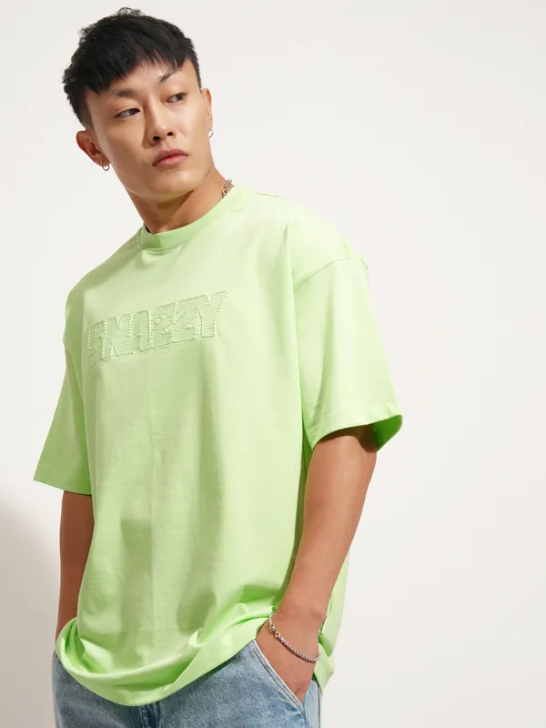 Highlander Men Green Self Design Round Neck Oversized Fit T-Shirt