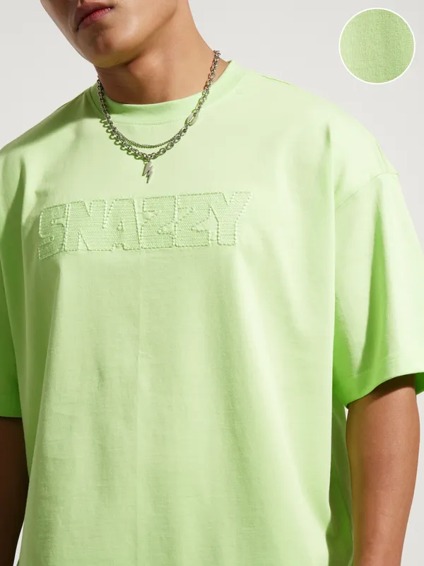 Highlander Men Green Self Design Round Neck Oversized Fit T-Shirt