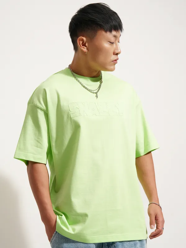 Highlander Men Green Self Design Round Neck Oversized Fit T-Shirt