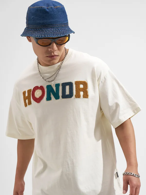 Highlander Men Cream Embroidered Round Neck Oversized Fit T-Shirt