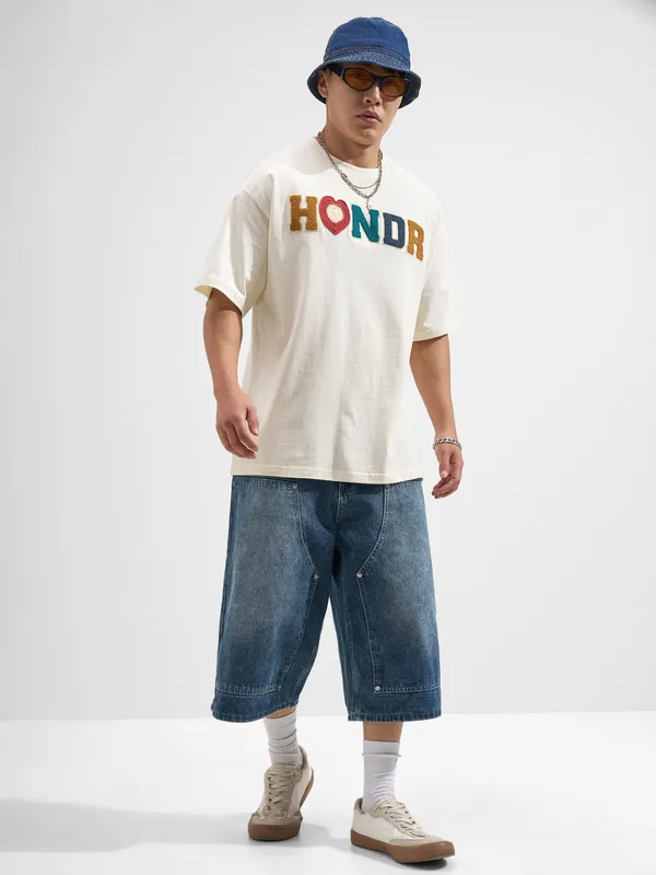 Highlander Men Cream Embroidered Round Neck Oversized Fit T-Shirt