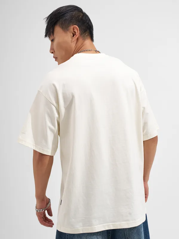 Highlander Men Cream Embroidered Round Neck Oversized Fit T-Shirt
