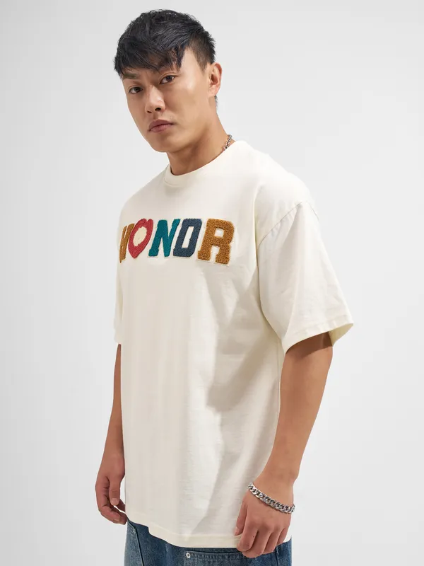 Highlander Men Cream Embroidered Round Neck Oversized Fit T-Shirt