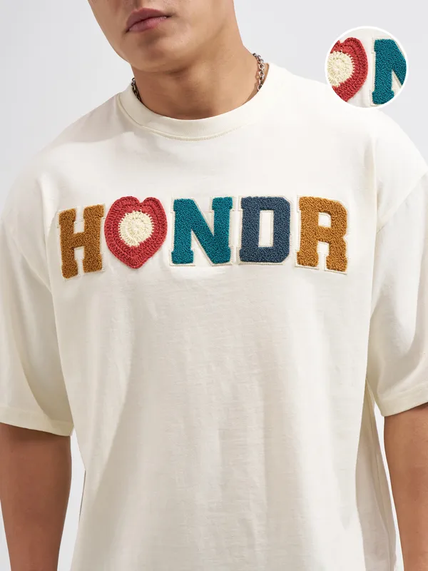 Highlander Men Cream Embroidered Round Neck Oversized Fit T-Shirt