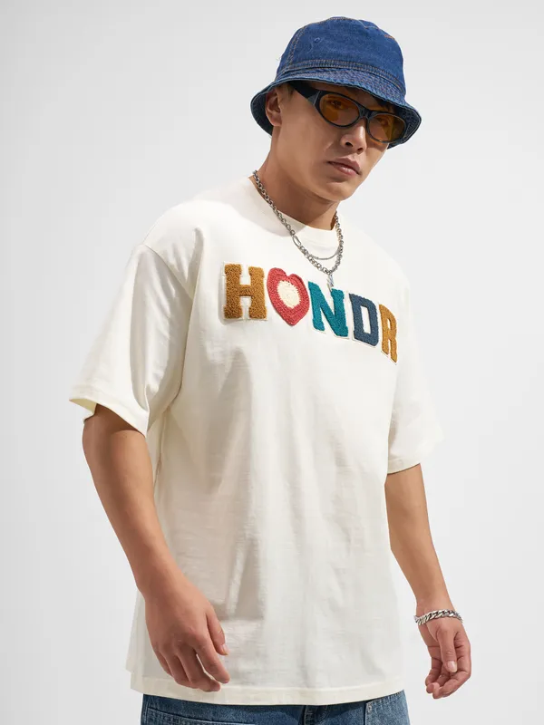 Highlander Men Cream Embroidered Round Neck Oversized Fit T-Shirt