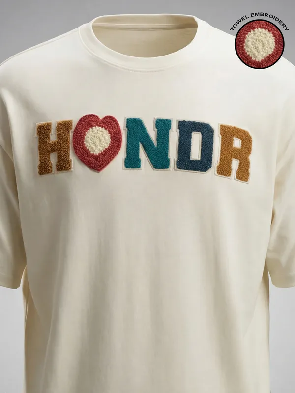 Highlander Men Cream Embroidered Round Neck Oversized Fit T-Shirt