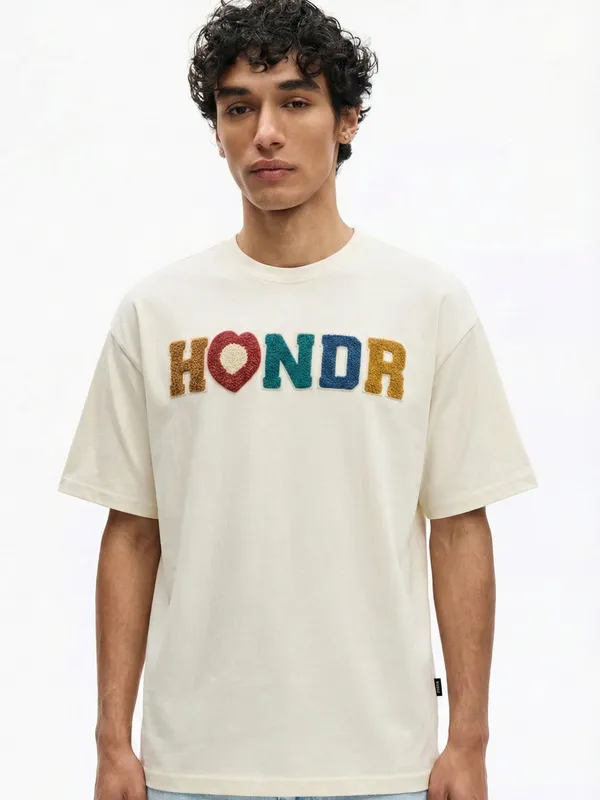 Highlander Men Cream Embroidered Round Neck Oversized Fit T-Shirt