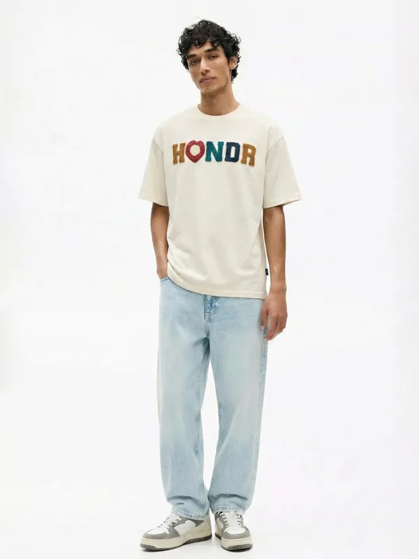 Highlander Men Cream Embroidered Round Neck Oversized Fit T-Shirt