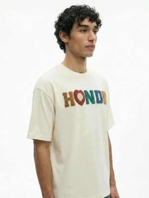 Highlander Men Cream Embroidered Round Neck Oversized Fit T-Shirt