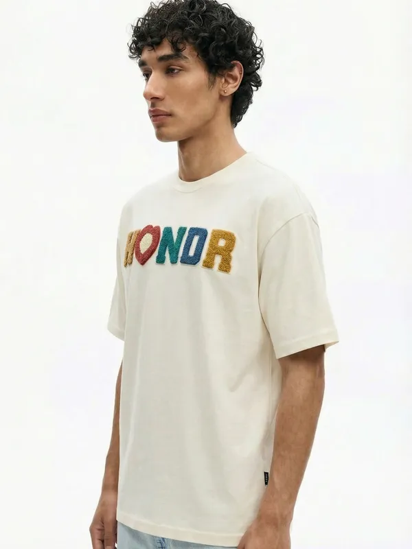 Highlander Men Cream Embroidered Round Neck Oversized Fit T-Shirt