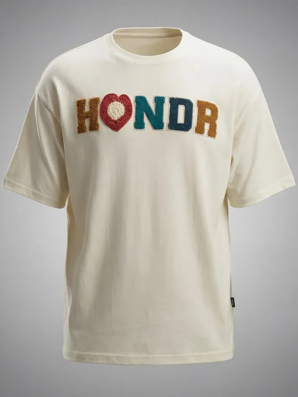 Highlander Men Cream Embroidered Round Neck Oversized Fit T-Shirt