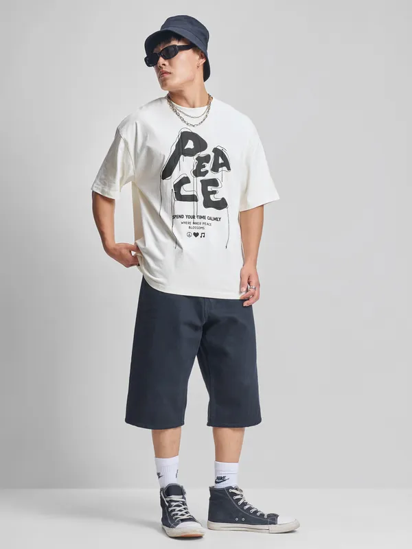 Highlander Men Cream Printed Round Neck Oversized Fit T-Shirt