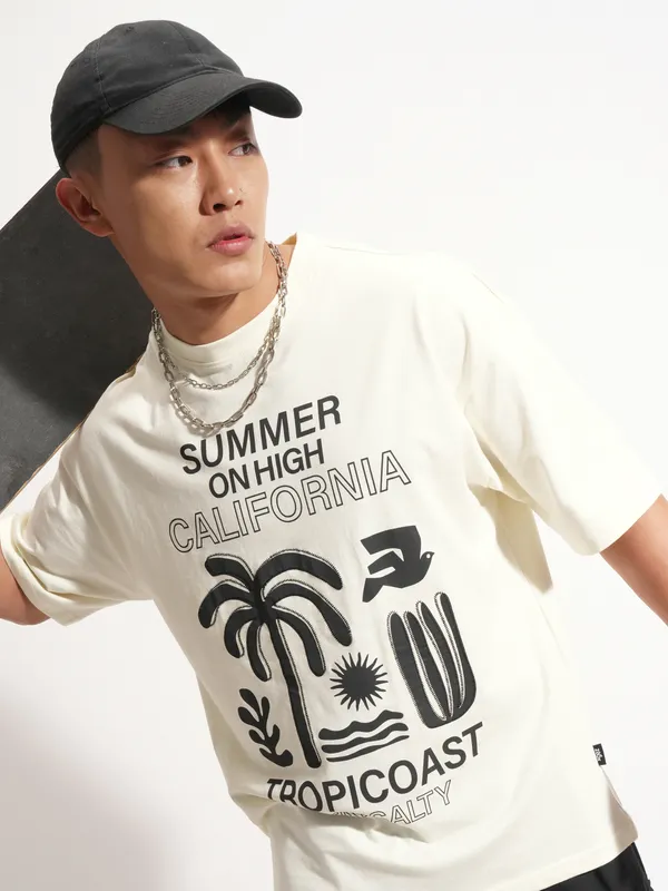 Highlander Men Cream Printed Round Neck Oversized Fit T-Shirt
