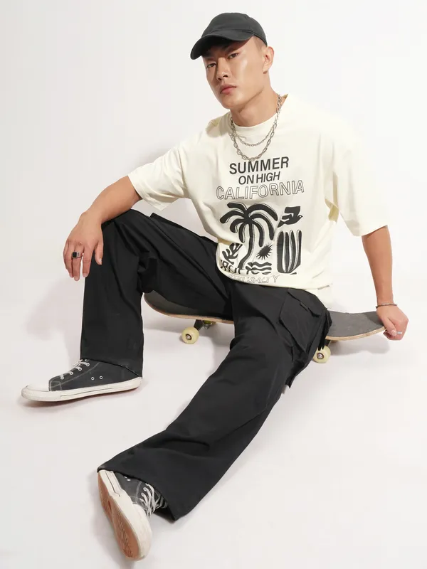 Highlander Men Cream Printed Round Neck Oversized Fit T-Shirt