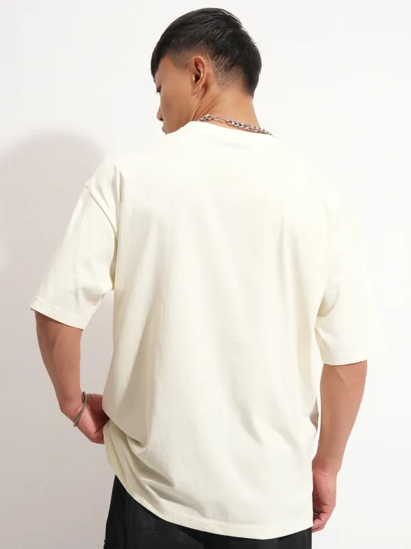 Highlander Men Cream Printed Round Neck Oversized Fit T-Shirt
