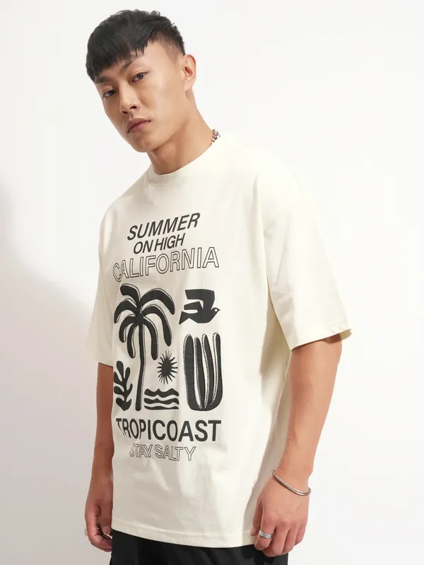 Highlander Men Cream Printed Round Neck Oversized Fit T-Shirt