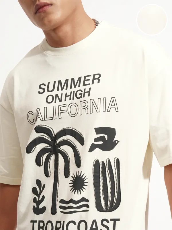 Highlander Men Cream Printed Round Neck Oversized Fit T-Shirt