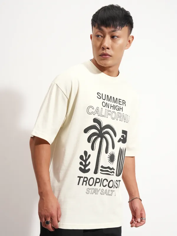 Highlander Men Cream Printed Round Neck Oversized Fit T-Shirt