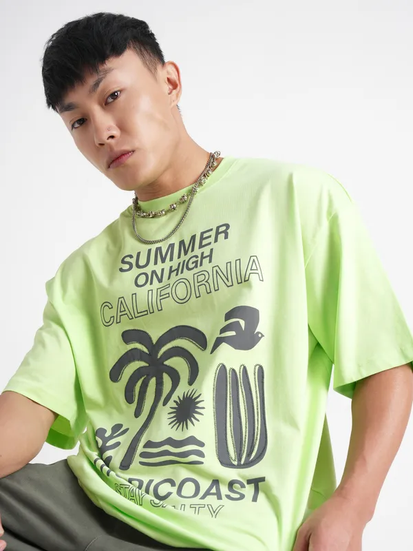 Highlander Men Green Printed Round Neck Oversized Fit T-Shirt