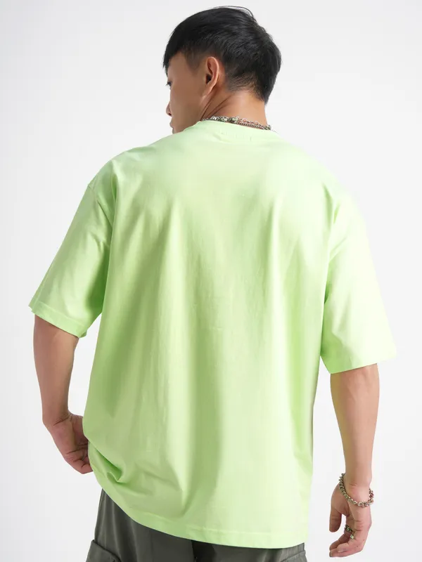 Highlander Men Green Printed Round Neck Oversized Fit T-Shirt