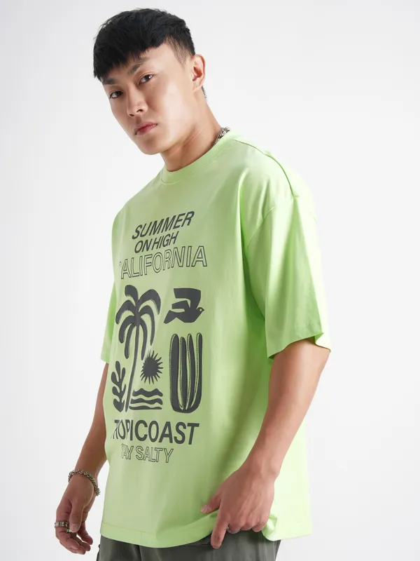 Highlander Men Green Printed Round Neck Oversized Fit T-Shirt