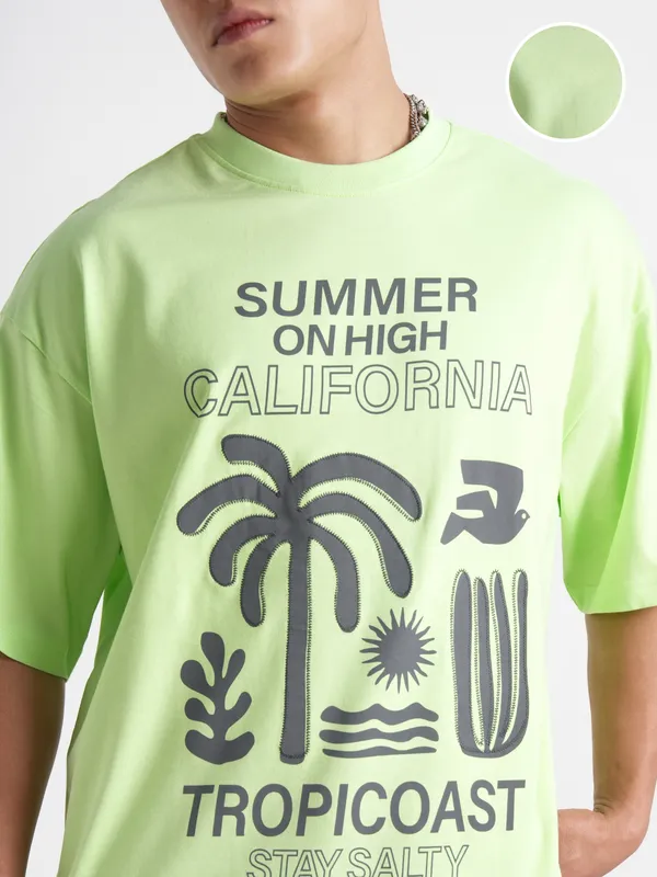 Highlander Men Green Printed Round Neck Oversized Fit T-Shirt