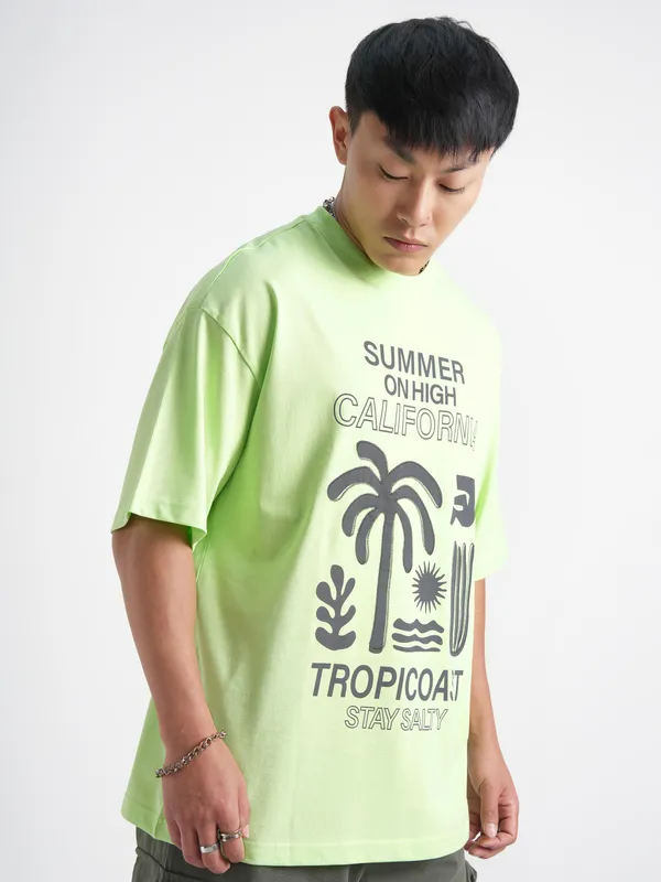 Highlander Men Green Printed Round Neck Oversized Fit T-Shirt