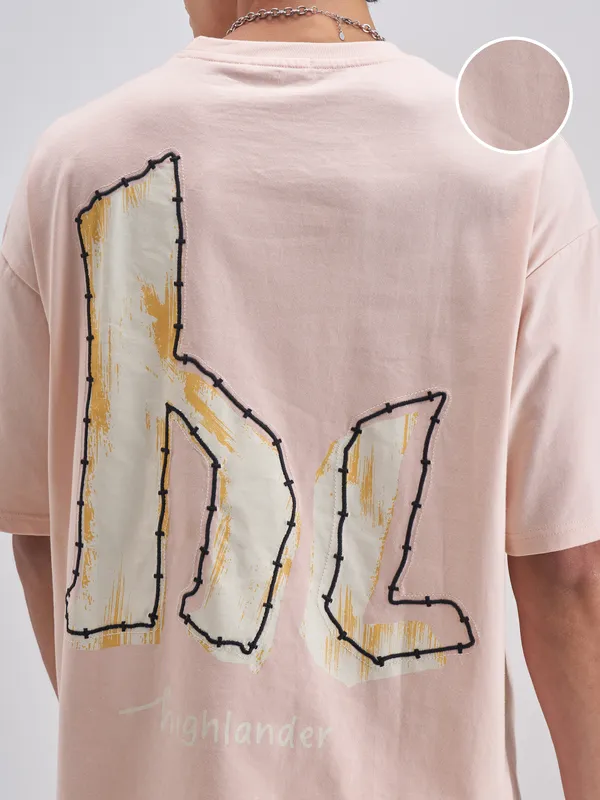 Highlander Men Pink Embroidered Round Neck T-Shirt