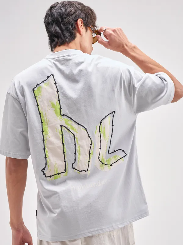 Highlander Men Grey Embroidered Round Neck Embroidered T-Shirt