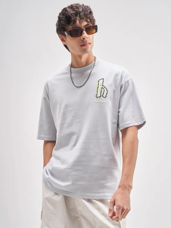 Highlander Men Grey Embroidered Round Neck Embroidered T-Shirt