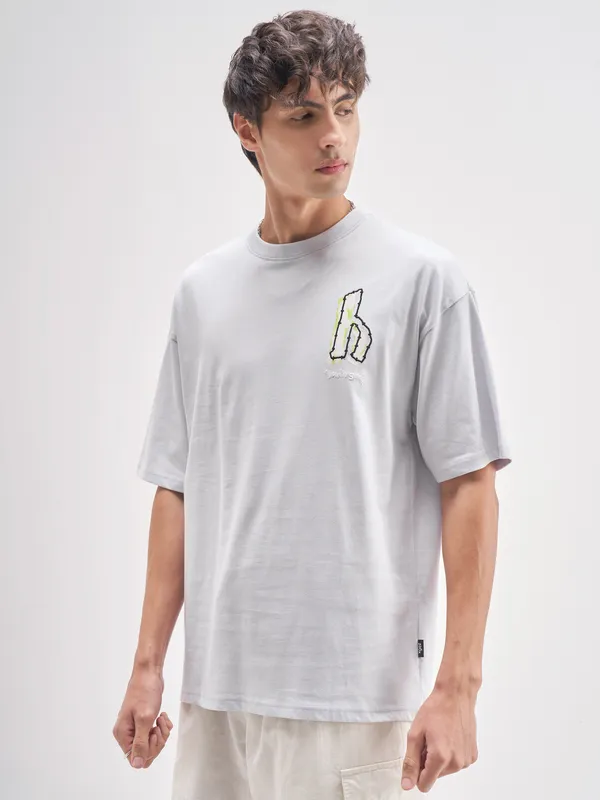 Highlander Men Grey Embroidered Round Neck Embroidered T-Shirt