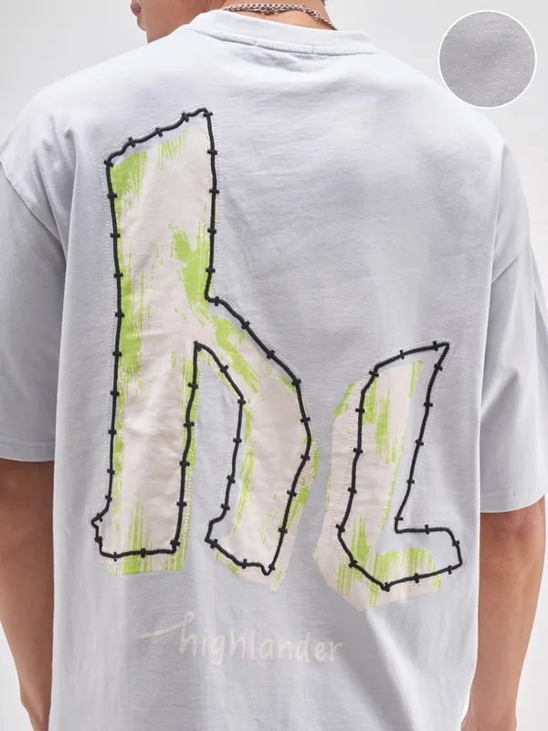 Highlander Men Grey Embroidered Round Neck Embroidered T-Shirt