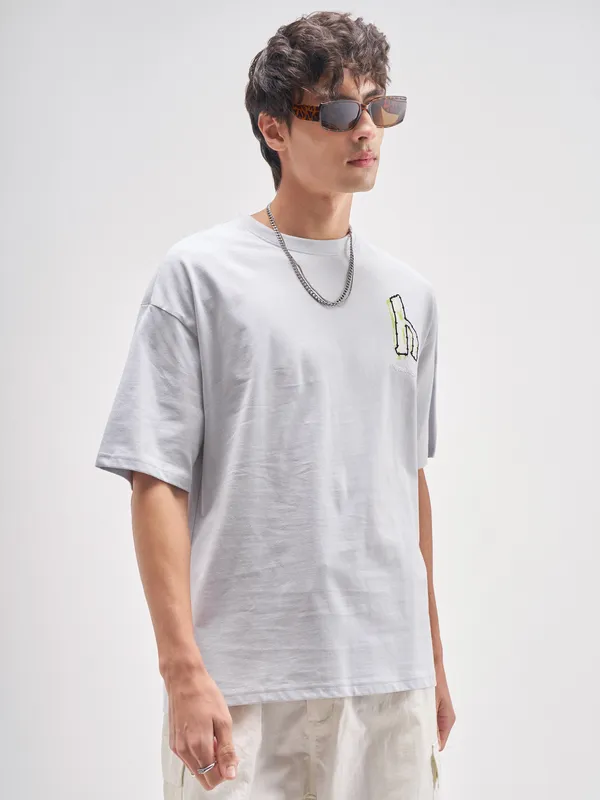 Highlander Men Grey Embroidered Round Neck Embroidered T-Shirt