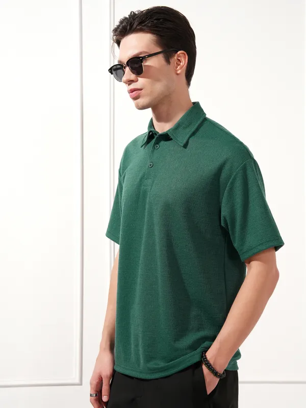 Highlander Men Teal Solid Polo Collar T-Shirt