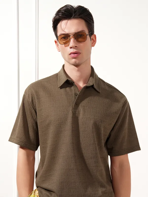 Highlander Men Brown Solid Polo Collar T-Shirt