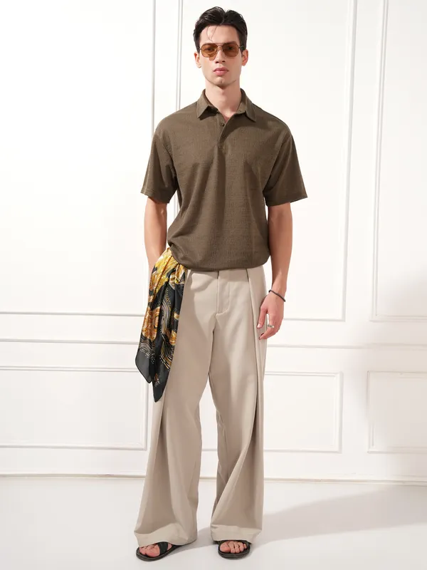 Highlander Men Brown Solid Polo Collar T-Shirt