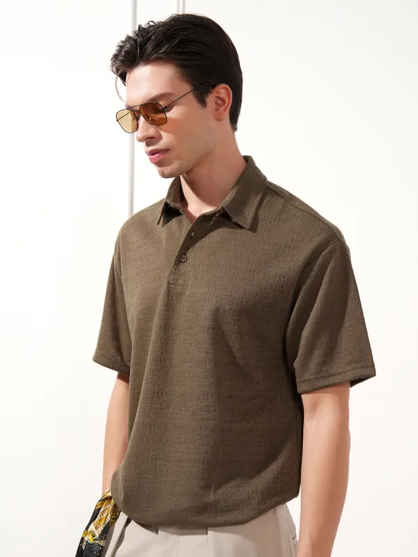 Highlander Men Brown Solid Polo Collar T-Shirt