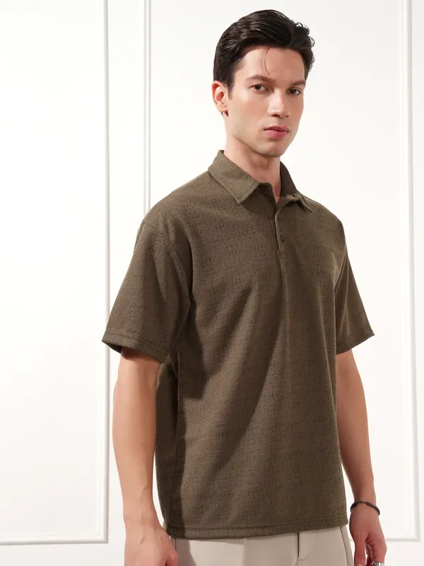 Highlander Men Brown Solid Polo Collar T-Shirt