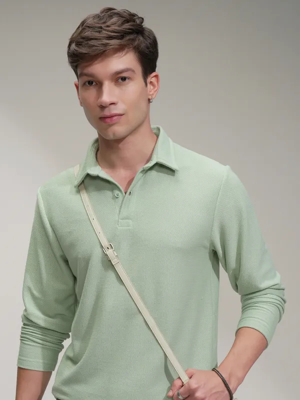Highlander Men Green Self Design Polo Collar T-Shirt
