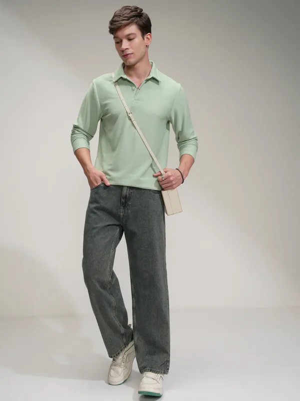 Highlander Men Green Self Design Polo Collar T-Shirt